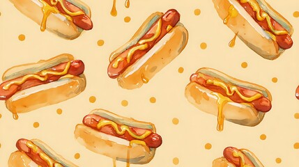 Seamless pattern of watercolor hot dogs with dripping mustard, a classic American fast food snack on a dotted background.