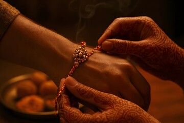 Raksha bandhan festival celebration tying rakhi on wrist indian hindu tradition bond of love and protection