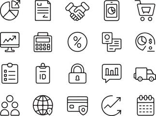 Collection of thin line business and finance icons representing growth and success isolated on transparent background