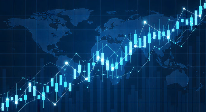 Global market dashboard with world map, charts, and analytics