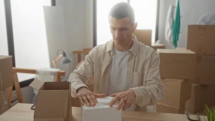 Man unpacking in a new home, surrounded by boxes in a bright living room, carefully arranging items...