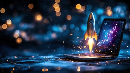 White rocket launching from a laptop while showing stock market chart, symbolizing investment and growth financial success