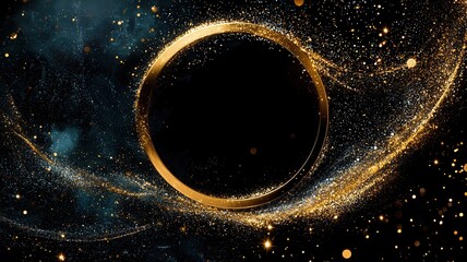 Luminous golden ring suspended against starry nocturnal backdrop, celestial ethereal cloudscape radiating glow ambient mystical