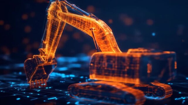 Holographic excavator.  Abstract digital rendering of a construction machine.  Networked framework with glowing orange lines and blue particles