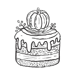 Pumpkin pie with whipped cream glaze and pumpkin in black brush stroke texture isolated on white. Hand drawn vector sketch illustration in vintage charcoal ink. Bakery concept, print design