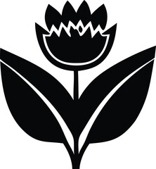 Simple black silhouette of a stylized tulip flower with two large leaves and a stem