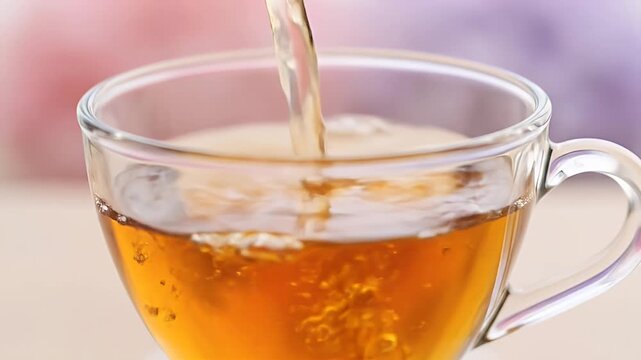 Macro pour of herbal tea into a delicate glass cup as smooth concentric ripples expand in soft pastel tones, harmonizing relaxation