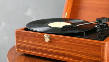 Close-up of a Vintage Wooden Record Player with a Rotating Disc