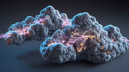 A global network of interconnected glowing clouds floating above cities, with vibrant data streams linking them, symbolizing modern communication.
