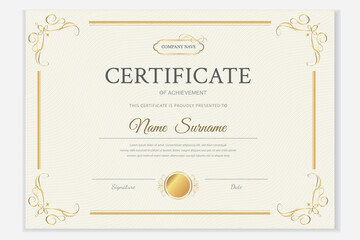 Elegant certificate template with gold accents. Customizable vector for awards and diplomas.