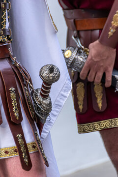 The intricate details of an ancient roman soldier's sidearm and leather belt history and warfare concept