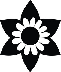 Stylized black and white six petaled flower with a daisy like center and geometric outer petals