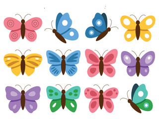 Set of cute and vibrant cartoon butterflies in an array of different colors and designs
