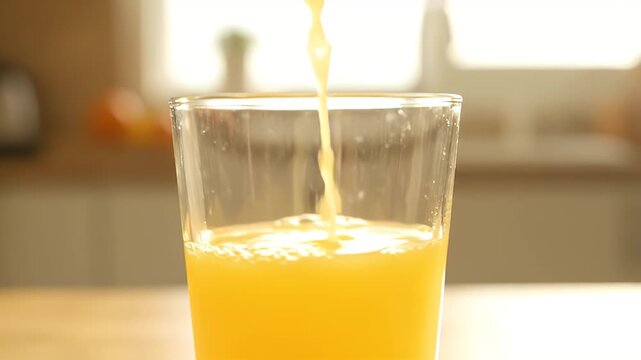 Macro push-in on a hand squeezing fresh orange juice into a glass as the glossy stream flows in slow motion, a bright morning vitamin boost