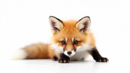 Obraz premium Zorro cachorro con orejas puntiagudas, cola esponjosa y ojos brillantes y alertas que brillan como piedras oscuras pulidas aisladas sobre fondo blanco
