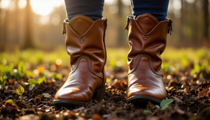 Brown leather boots worn by person standing on forest floor  