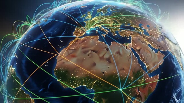 Global Network Connections Earth Illuminated with Digital Data Streams and Light Trails.