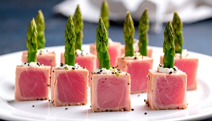 Elegant seared tuna cubes adorned with vibrant asparagus spears on a platter