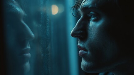 Pensive young caucasian male looking through window at night.