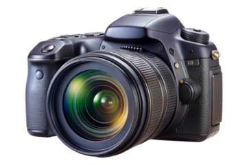 Professional digital slr camera with lens on black background