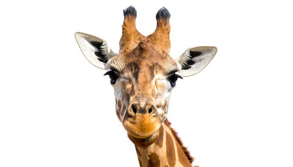 Giraffe portrait isolated on white background showcasing elegant features and pattern nuances