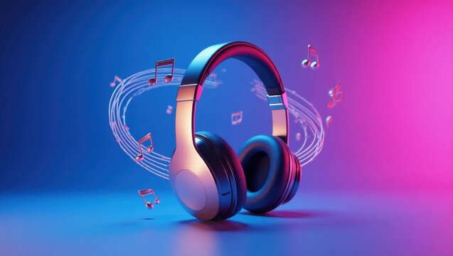 Auriculares inal&aacute;mbricos con notas musicales flotantes sobre fondo degradado. Render 3D que muestra transmisi&oacute;n de audio, entretenimiento y una experiencia de sonido inmersiva