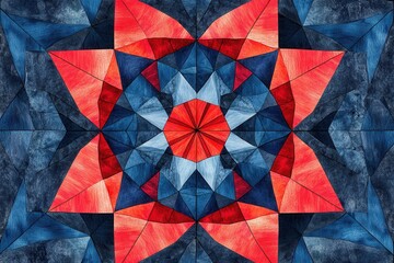 Geometric kaleidoscope art in red blue