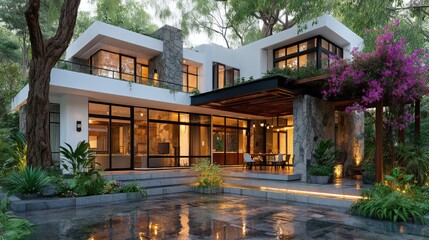 Obraz premium Modern house with patio, lush garden, and water feature