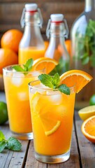 Refreshing Orange Juice with Ice Cubes and Mint Garnish on Rustic Wooden Table for a Summery and Healthy Beverage Experience
