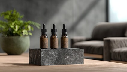 Three dark brown glass bottles with black droppers sit on a dark gray stone pedestal, positioned on a light brown wooden surface, in a modern room