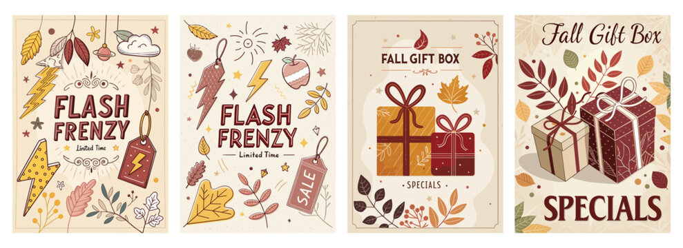 Colorful autumn-themed promotional posters featuring gifts and sale announcements.