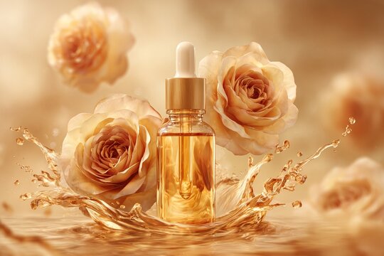 FLACONE DI VETRO AMBRATO CON CONTAGOCCE CIRCONDATO DA ROSE E SPRUZZI DI LIQUIDO DORATO