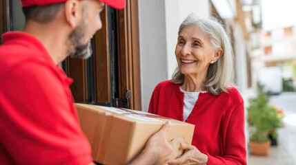 Delivery Man Giving Package to Smiling Senior Woman Outdoors
