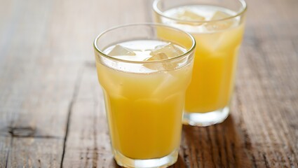 Refreshing Orange Juice with Ice Cubes on Wooden Table Perfect for Summer and Healthy Lifestyle Advertising Campaigns