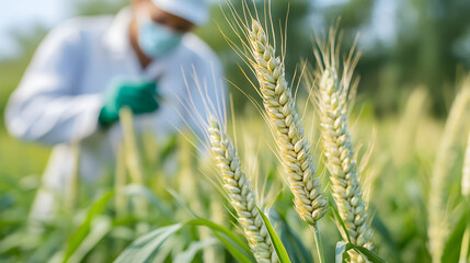 A scientist examines wheat stalks in a field. Agriculture and research concept.