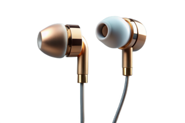 Stylish rose gold earbuds with white tips on black background