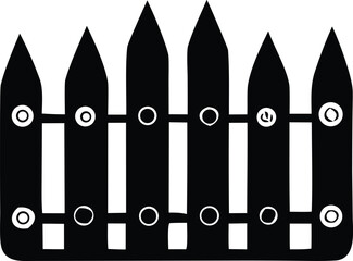 A stark black silhouette of a traditional picket fence with pointed tops and circular decorative elements against a white background