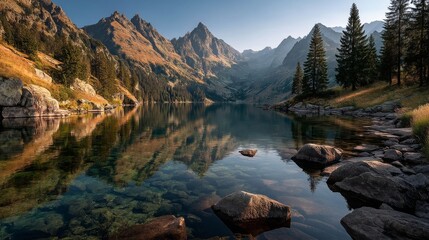 Fototapeta premium Serene mountain lake reflecting the clear blue sky and surrounding peaks with lush green forest