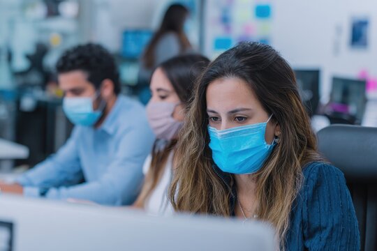 Latin People in Mexico Office: Teamwork with Face Mask During Coronavirus Pandemic