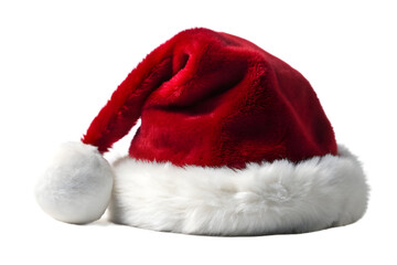 A single red santa claus hat with a white fur trim and pompom, isolated on a transparent background, symbolizing the christmas holiday season and festive celebrations