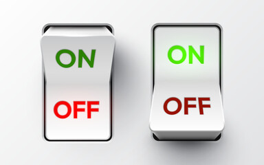 Set of realistic toggle switches in on and off positions. Plastic button. Vector illustration