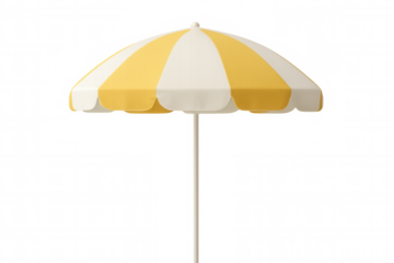 Striped yellow-white beach umbrella casting shade, summer vacation accessory on clean transparent backdrop