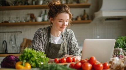 Learning To Cook Online. Women following online recipe for cooking dinner in kitchen