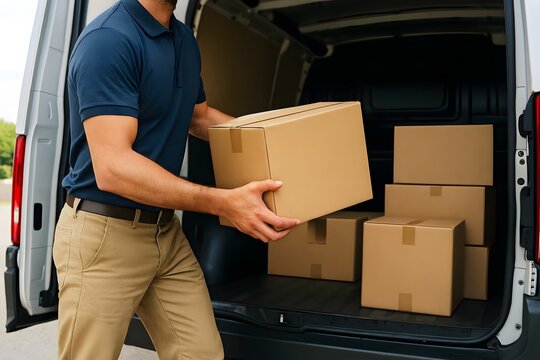 Delivery service man unloading cardboard boxes from van for shipping and fast courier delivery services