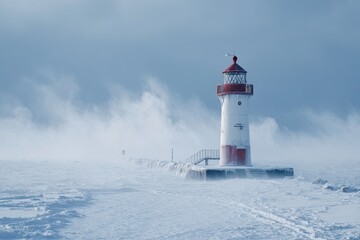Lighthouse Frozen. Winter Blizzard on Baltic Sea Coast Under Frozen Sky