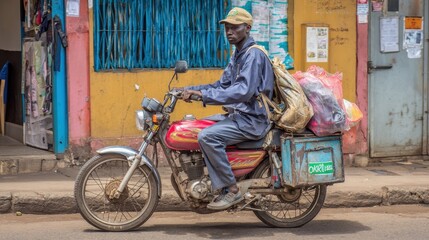 Man Riding Motorbike with Cargo Through Colorful Street