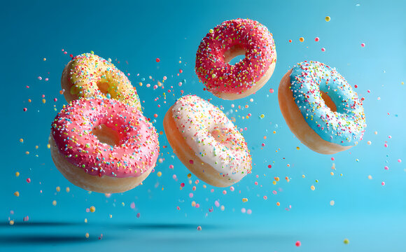 Flying donuts. Mix of multicolored doughnuts with sprinkel on blue background.