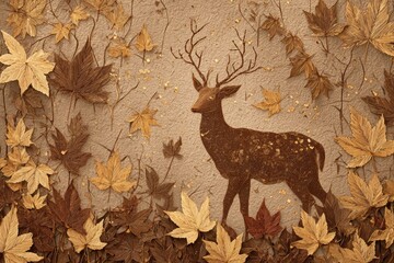 Stylized image of a stag surrounded by falling autumn leaves in a textured, autumnal color scheme.