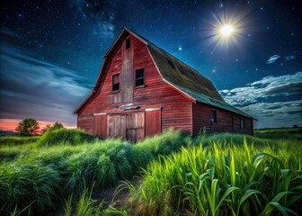 Overgrown red barn silhouetted against the inky night sky, a lonely rural landscape.