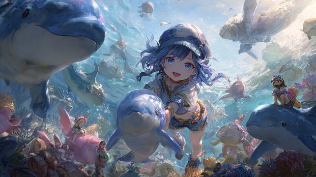 MONDO SOTTOMARINO ANIME: RAGAZZA CON DELFINI SORRIDENTI